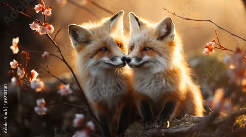 Two young fox cubs enjoy the rays of the spring sun in a forest clearing, surrounded by blooming flowers, Concept: publications about wildlife and environmental protection. Red cunning animals