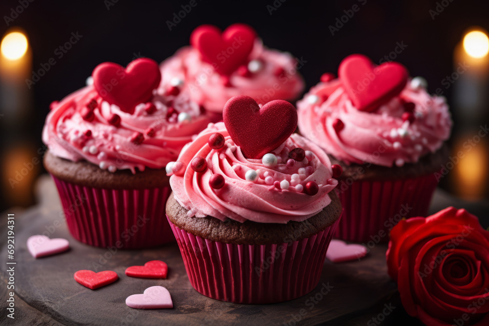 Cupcakes with decorations, with cream cheese and frosting for Valentine's day. Generative AI Cupcakes with decorations, with cream cheese and frosting for Valentine's day. Generative AI