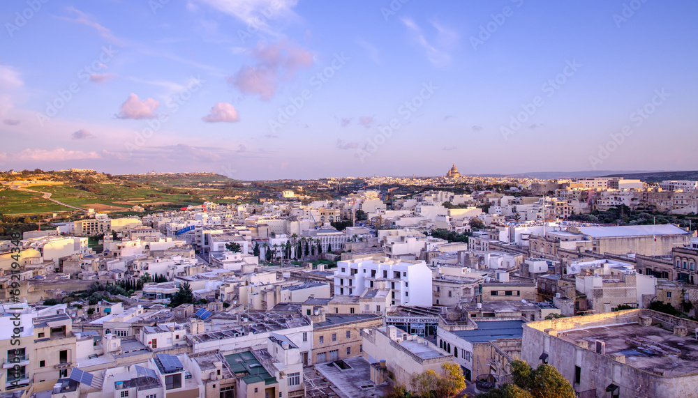 Views towards the city and Church from Citadella in Victoria, Gozo, Malta, Europe, January 11, 2022.