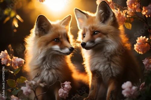 Two young fox cubs enjoy the rays of the spring sun in a forest clearing, surrounded by blooming flowers, Concept: publications about wildlife and environmental protection. Red cunning animals photo