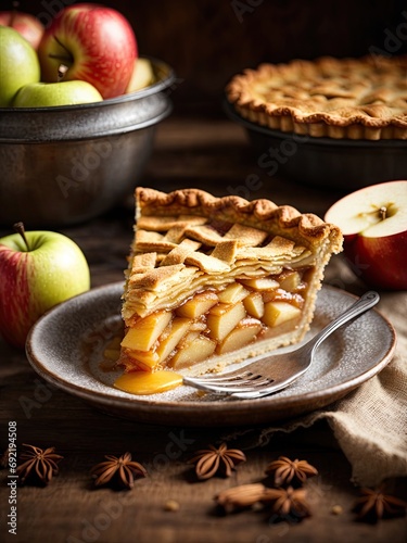 Homemade apple pie tart on brown wooden background, apple pie with apples and cinnamon, apple pie with cinnamon and nuts, apple pie with nuts, apple pie with nuts and raisins, apple pie on a plate