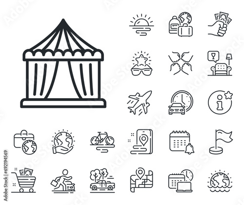 Circus tickets office sign. Plane jet, travel map and baggage claim outline icons. Amusement park tent line icon. Circus tent line sign. Car rental, taxi transport icon. Place location. Vector