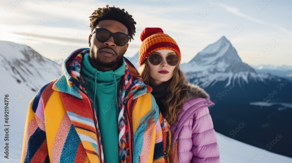 Couple man and woman at a ski resort. Travel and recreation, entertainment and vacation. Active lifestyle. Relationships.