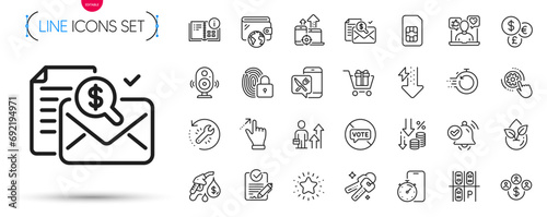 Pack of Organic product, Food app and Buying currency line icons. Include Timer app, Instruction info, Speaker pictogram icons. Accounting report, Lock, Touchscreen gesture signs. Vector