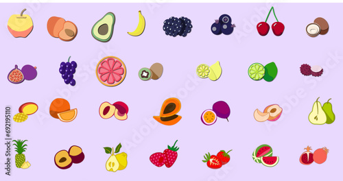 Fruits set paper cut vector: avocado, banana, raspberry, strawberry, lemon, orange, mango, papaya, grape, pear, passion fruit 