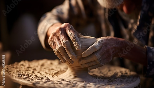 Close-up of the hands of a senior male artisan crafting sculptures photo