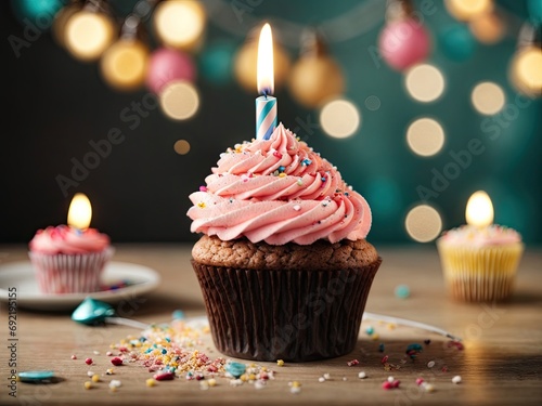 Delicious birthday cupcake on table on light background, birthday cupcake with candles, cupcake with icing and sprinkles, cupcakes with cream, cupcake with icing and sprinkles, cupcake with icing