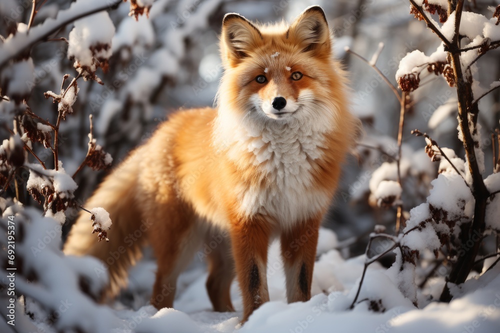 Naklejka premium The fox looks at the camera as the animal walks through the snowy forest to assess its environment. Red cunning animal. Concept: wild winter nature with a predator