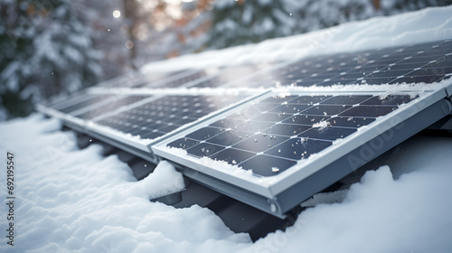 solar panels on roof covered in snow photo