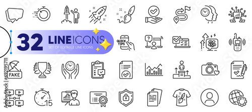 Outline set of Headshot, Checklist and Globe line icons for web with Business podium, Teamwork, Speech bubble thin icon. Approved document, Online survey, Video conference pictogram icon. Vector