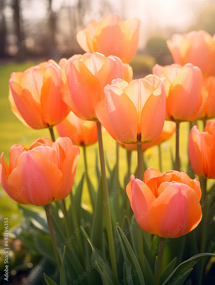 Close up of orange tulips growing on field in spring, blurry background 