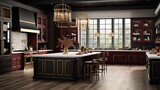 An expansive kitchen with ebony wood cabinets, gold hardware, and a striking maroon accent wall, capturing the essence of a modern farmhouse with a touch of opulence