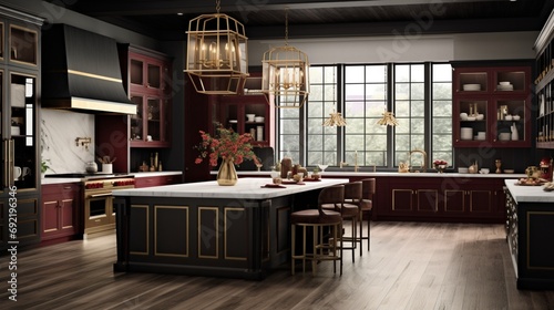 An expansive kitchen with ebony wood cabinets, gold hardware, and a striking maroon accent wall, capturing the essence of a modern farmhouse with a touch of opulence photo