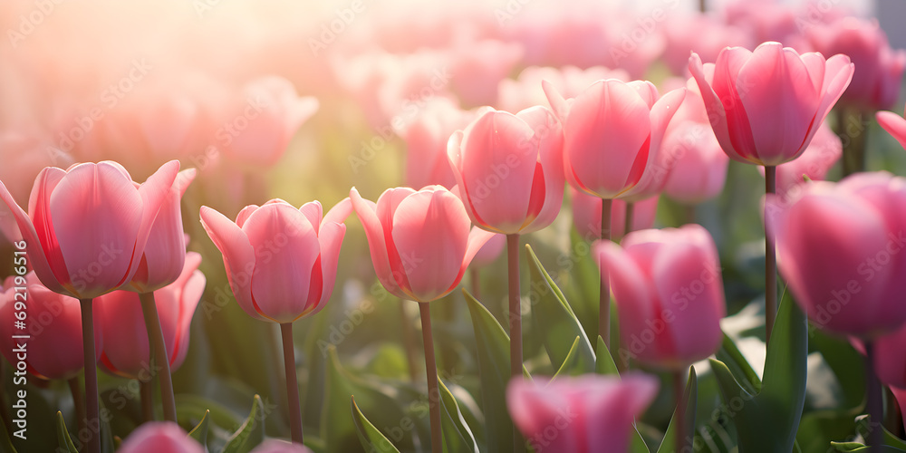 Close up of pink tulips growing on field in spring, blurry background 