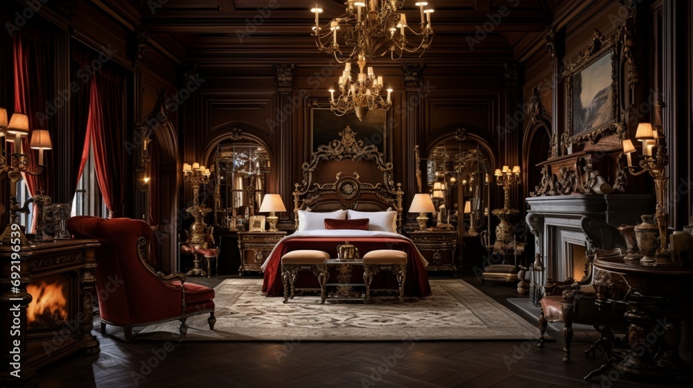 An opulent bedroom adorned with rich mahogany furniture, adorned with gilded accessories, and softly lit by bedside sconces