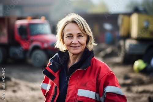 Portrait of mature woman in red jacket on construction site, outdoors