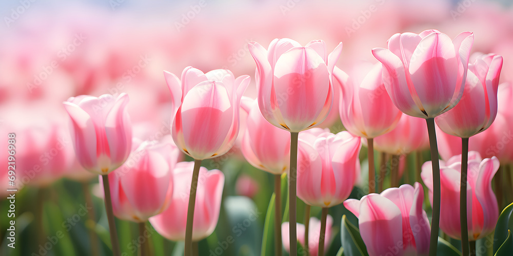 Close up of soft pink tulips growing on field in spring, blurry background 