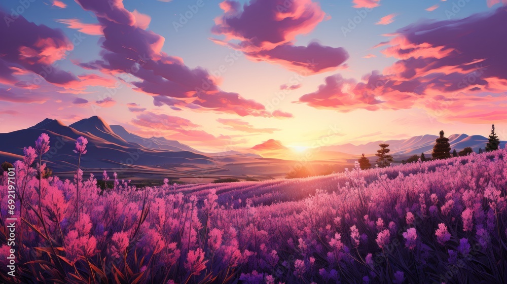 The setting sun illuminates a lavender field, illustration of a purple-pink warm and inspiring atmosphere, Concept: rural tourism, aromatherapy and nature photography