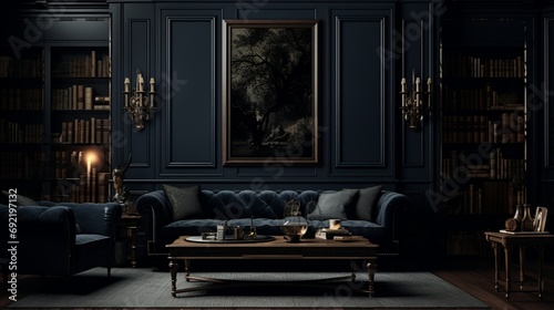 Dive into the shadows of a rich, charcoal-colored room with a wall mock-up, creating an atmosphere of elegance and enigma.