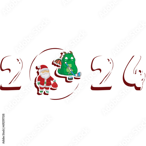 Santa Claus with a cute dragon, hockey stick, puck. Stickers.