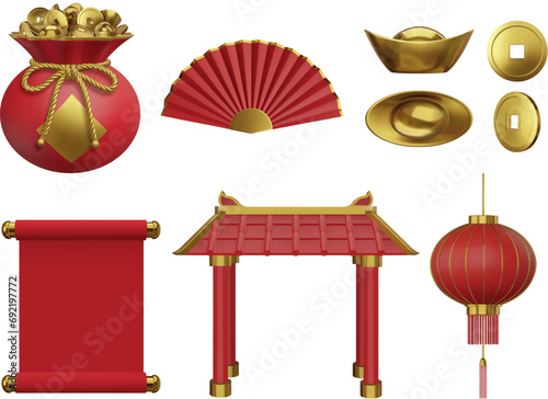 set of chinese new year elements. isolated 3d lucky bag, temple gate, folding fan, ingots, coins, scroll and lantern. 