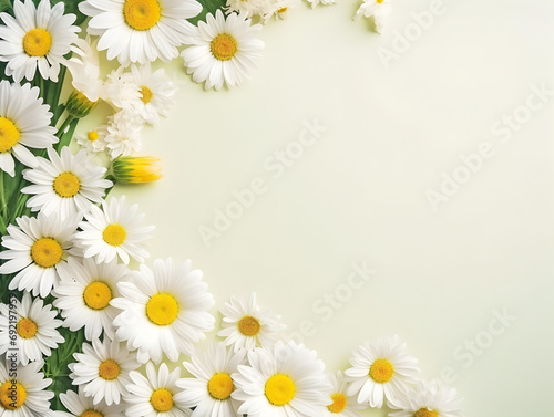 Frame with Daisy chamomile flowers on beige background with copy space inside