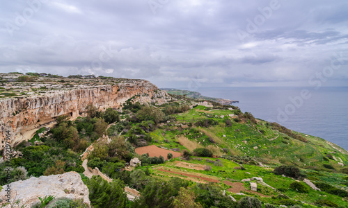 Aerial view of colorful landscape Dingli cliffs. Winter, blue sea and sky. Malta country
