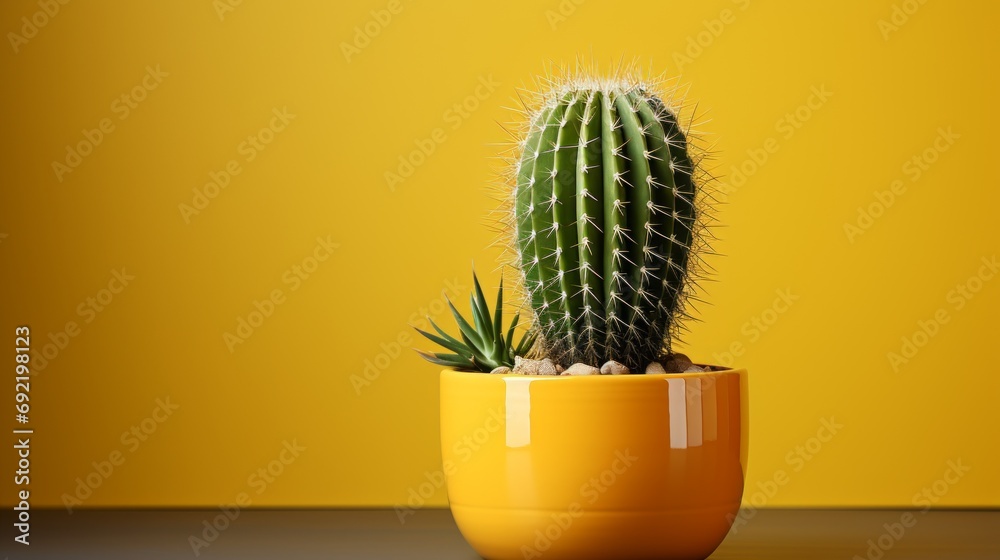 Cactus in a yellow ceramic pot on a plain bright background with copy space, a plant with sharp thorns. Cactus in a yellow ceramic pot on a plain bright background with copy space, a plant with sharp thorns.