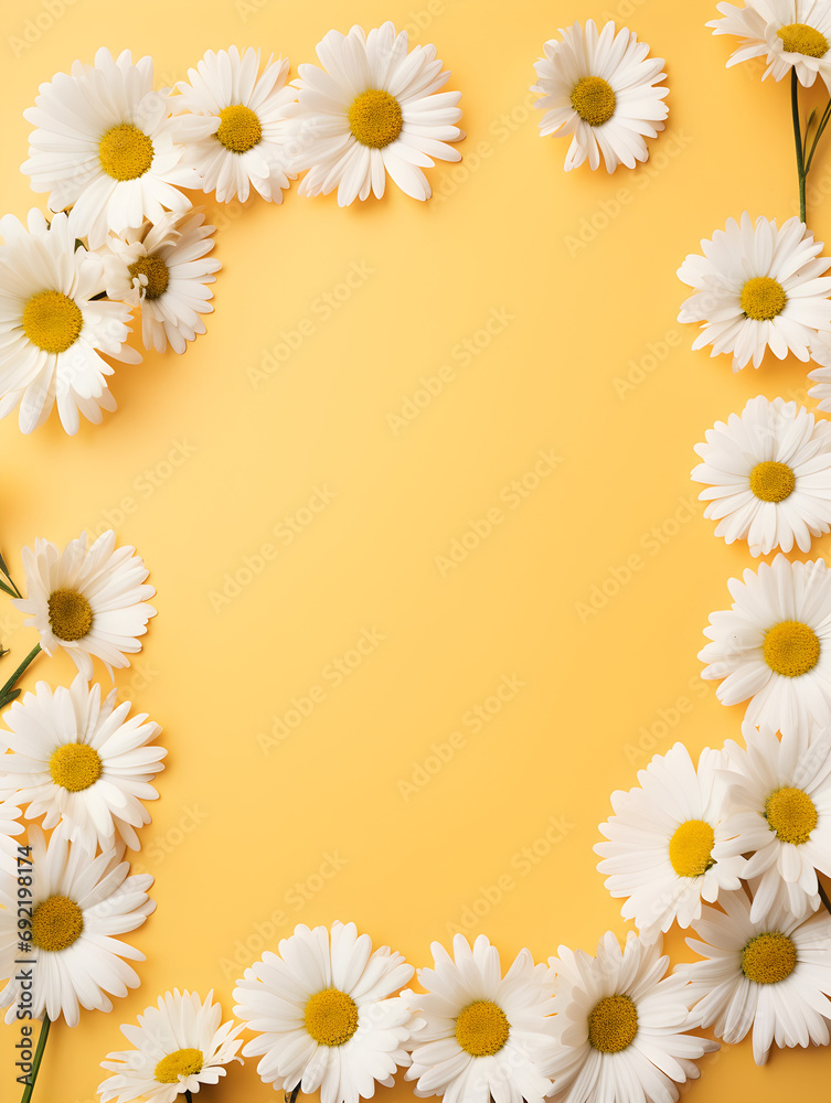 Frame with Daisy chamomile flowers on soft yellow background with copy space inside Frame with Daisy chamomile flowers on soft yellow background with copy space inside