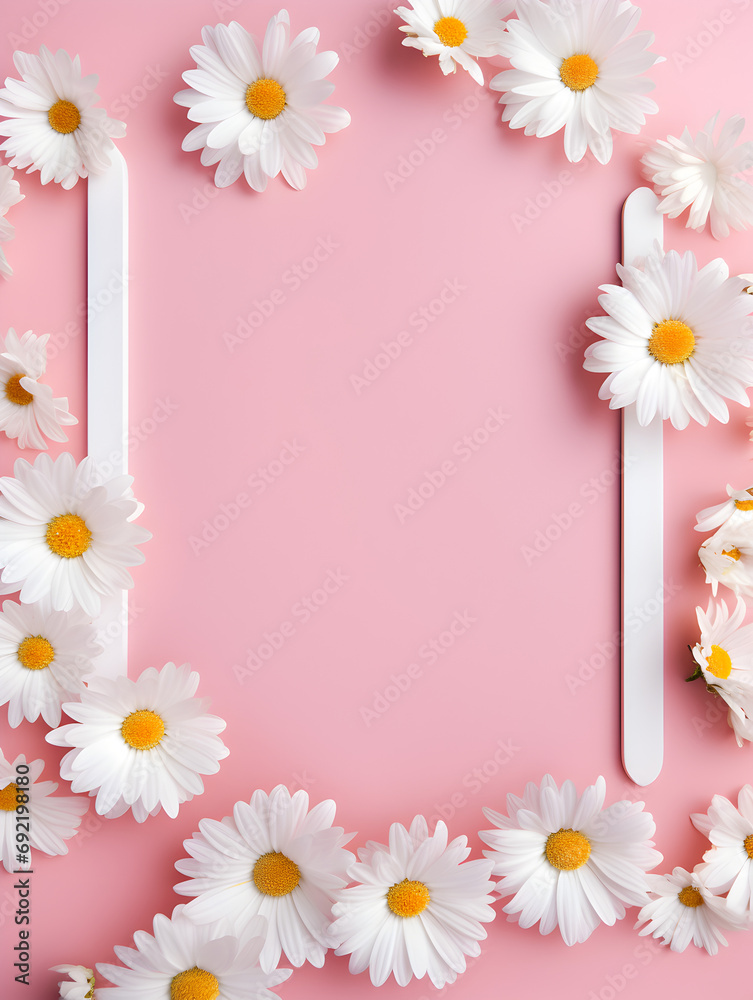 Frame with Daisy chamomile flowers on soft pink background with copy space inside Frame with Daisy chamomile flowers on soft pink background with copy space inside