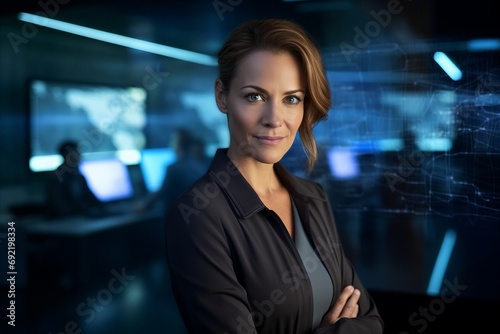 business, people and technology concept - smiling businesswoman over dark office background