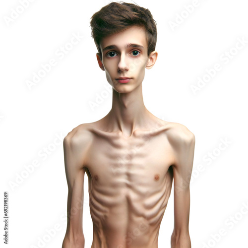 Young skinny boy isolated on white, transparent background. Anorexia concept