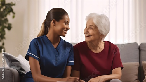 Beautiful young medical nurse with dark skin wearing a uniform helping a senior old woman patient with gray hair smiling. Female pensioner post surgery assistance, home nursing caregiver concept photo