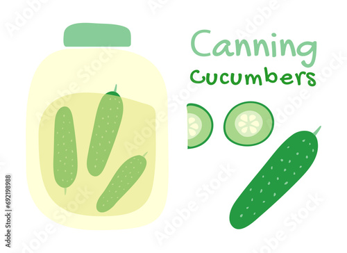 Canning cucumbers. Preserving green vegetables in a jar. Fresh cucumber slice. Homemade pickles for the winter. Preparing canned food. Natural vegan food. Doodle. Color image. Vector illustration.