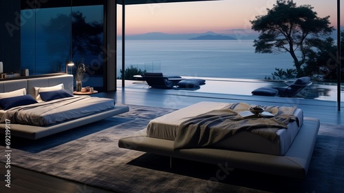 Step into a modern luxury bedroom featuring a royal blue platform bed, floor-to-ceiling windows, and sleek Italian designer furniture, offering a minimalist yet lavish design. © Ashad
