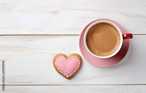 cookies shape heart with red and pink cream and coffee cup on white wooden table top view