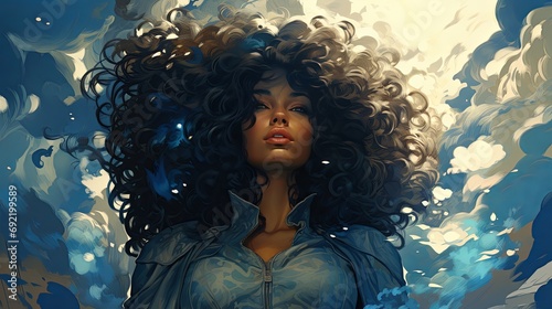 African American Female standing Strong, Blue Background, Big Hair
