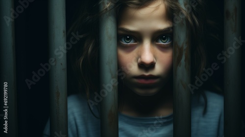 Child abuse concept a young girl behind bars. Generative ai photo