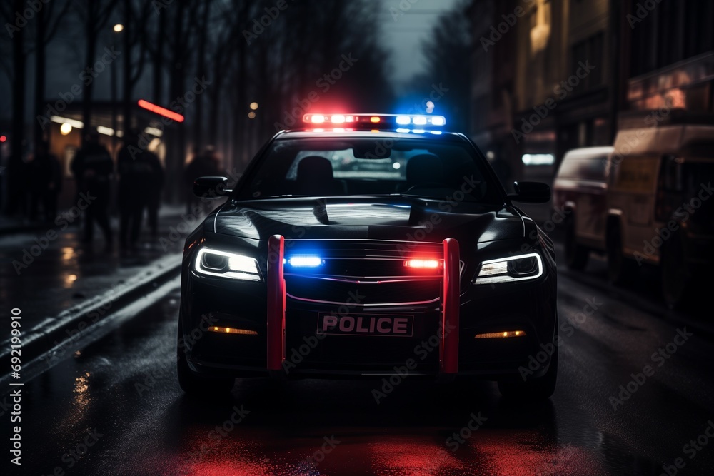 Fototapeta premium An atmospheric scene capturing the vigilant presence of a police car on night patrol in the city. The flashing lights and urban backdrop create a sense of security and order. Generative ai