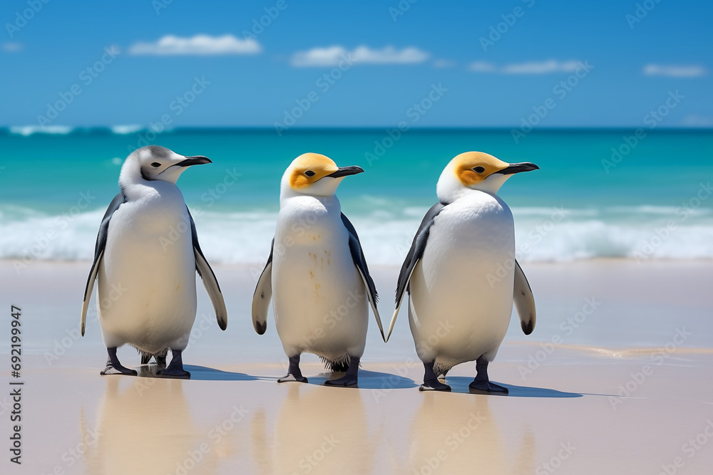 Fototapeta premium A delightful scene featuring adorable penguins waddling and enjoying the sun on an exotic beach with crystal-clear azure waters. Generative ai