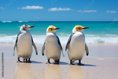 A delightful scene featuring adorable penguins waddling and enjoying the sun on an exotic beach with crystal-clear azure waters. Generative ai