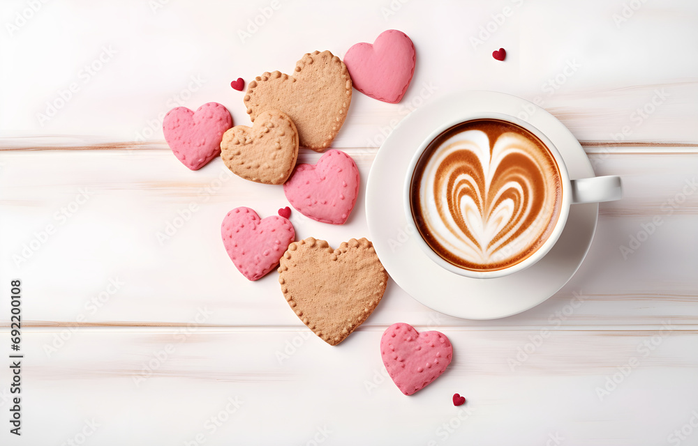 cookies shape heart with red and pink cream and coffee cup on white wooden table top view cookies shape heart with red and pink cream and coffee cup on white wooden table top view