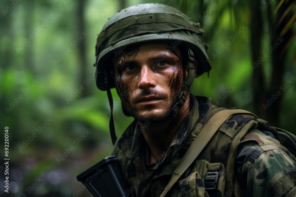 Portrait of a soldier in the jungle. Selective focus.