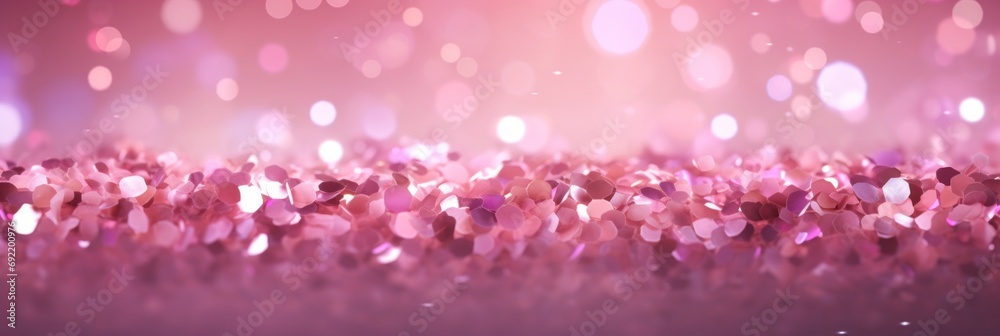 Blurred pink background with confetti and sparkles, bright colorful background, banner
