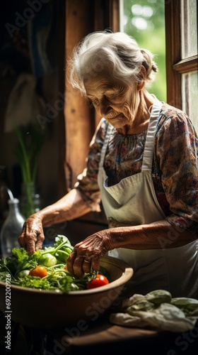Senior woman washes various vegetables, an elderly woman housewife is going to preserve fresh vegetables for the winter, , view of the kitchen near the window