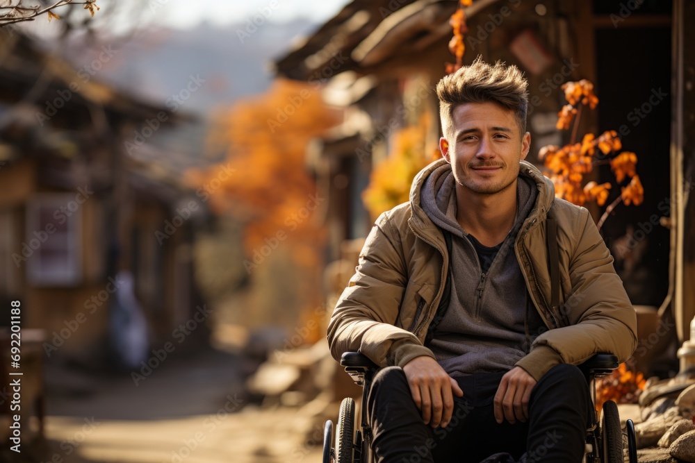 A man in a wheelchair near the stairs. Disabled person without the ability to move independently. Handsome disabled man in suit smiling. Concept: healthcare