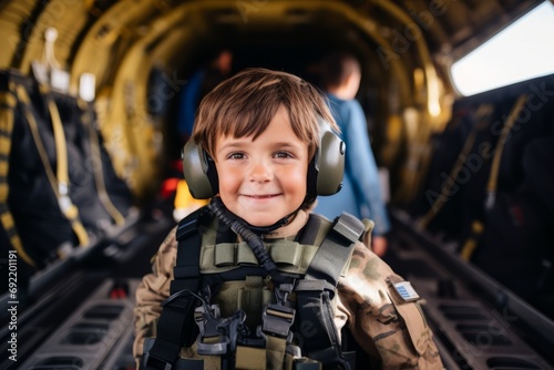 Portrait of a boy in the cabin of a military aircraft. photo