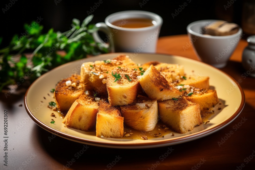 Crispy delicious juicy crispy croutons with garlic and seasoning, croutons in a plate with sauce on a dark background Crispy delicious juicy crispy croutons with garlic and seasoning, croutons in a plate with sauce on a dark background