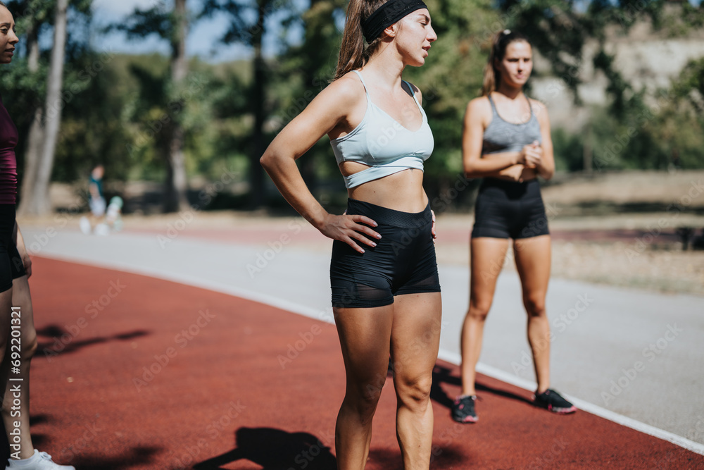 Fit athletes training outdoors, doing jumps and stretching in the park. Enjoying a sunny day, these sports girls embrace a healthy and active lifestyle.