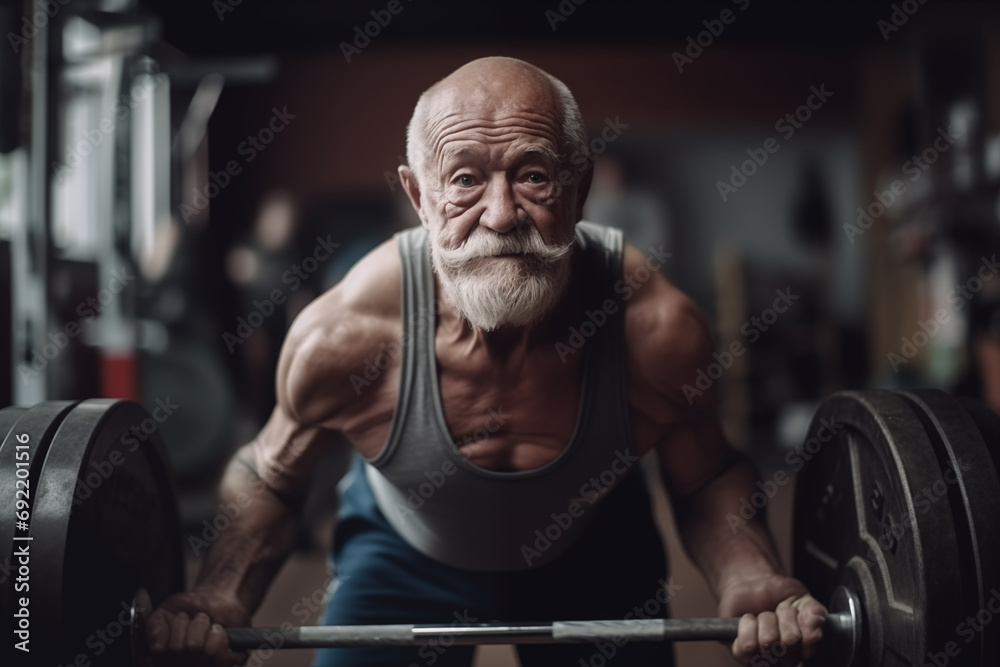 Old athle Muscula. Fitness man at workout. Elderly pensioner old man smiling in gym. 60-70 Year Old Bodybuilder. Funny old grandfather in gym. Pensioner with smile lifts weight in sports club. - obrazy, fototapety, plakaty 